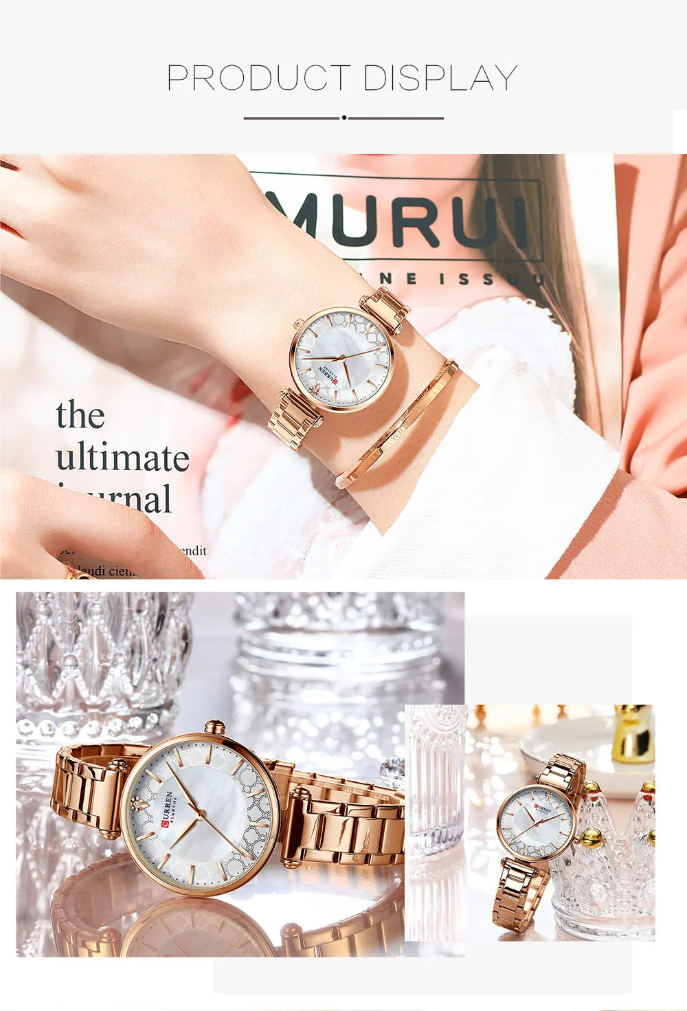 CURREN Women's Luxury Quartz Watch - Stainless Steel, Numberless Dial