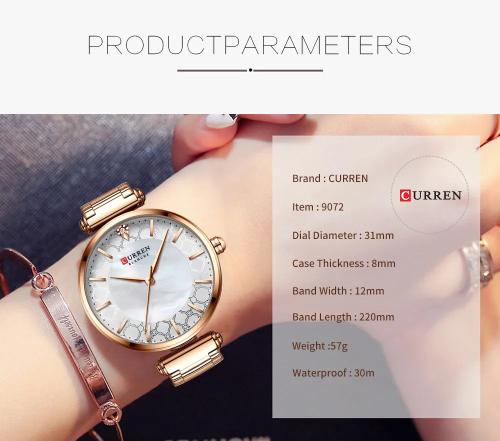 CURREN Women's Luxury Quartz Watch - Stainless Steel, Numberless Dial