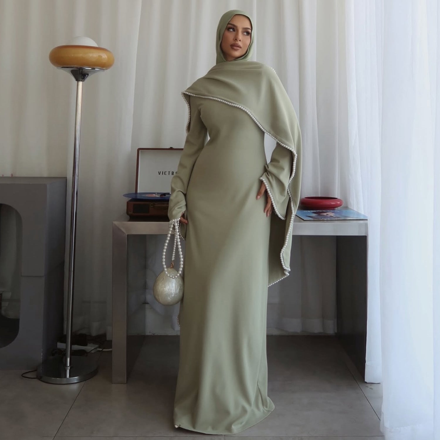 Beaded Satin Party Abaya - Diamond Caftan Robe for Women