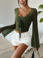 Y2K Floral Mesh Top - Flare Sleeve V-Neck Beach Party Shirt for Women