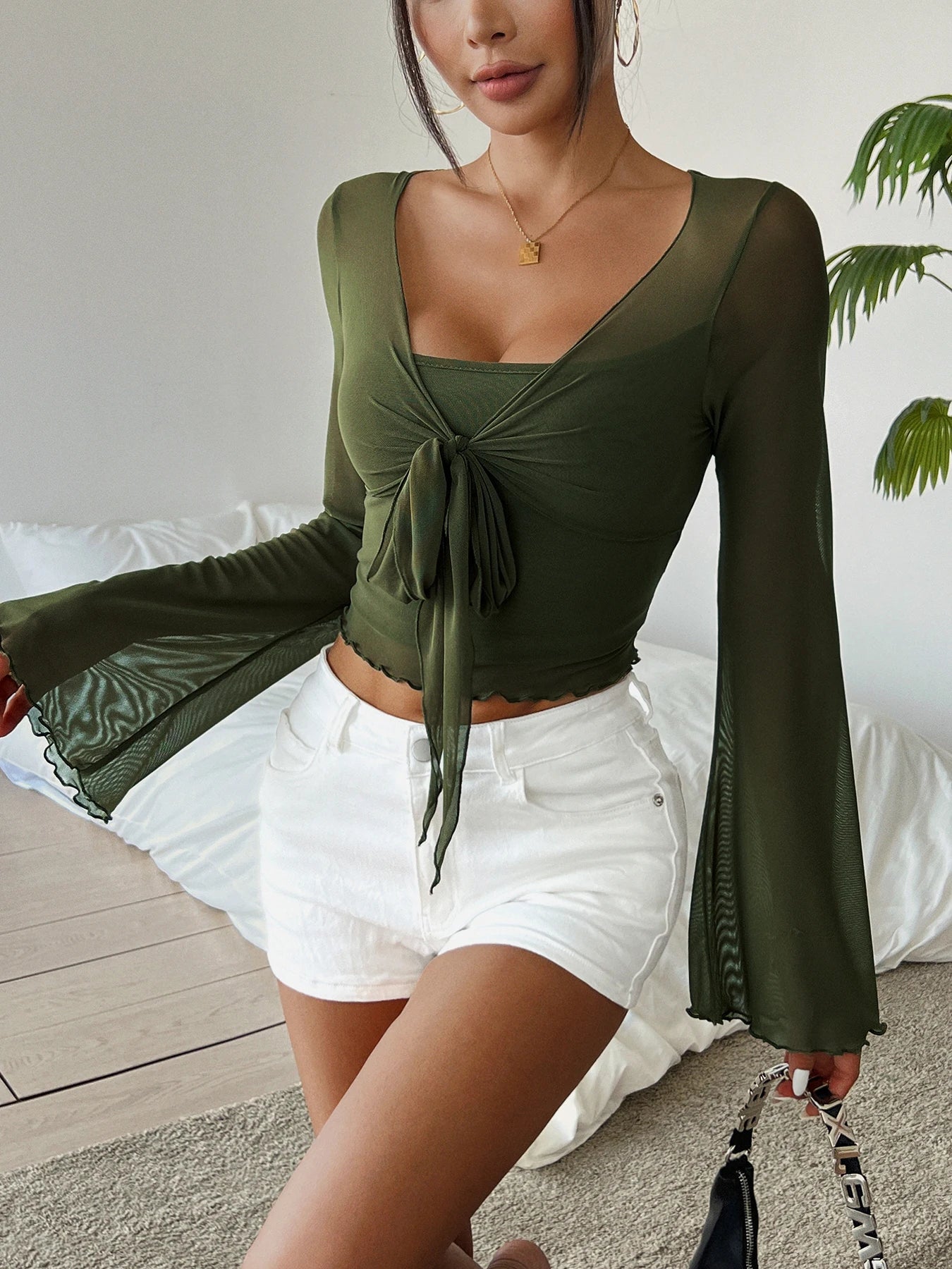 Y2K Floral Mesh Top - Flare Sleeve V-Neck Beach Party Shirt for Women