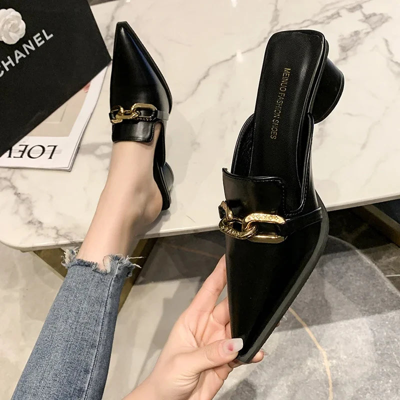 Block Heel Mules - Closed Toe Slip-On Loafers for Women