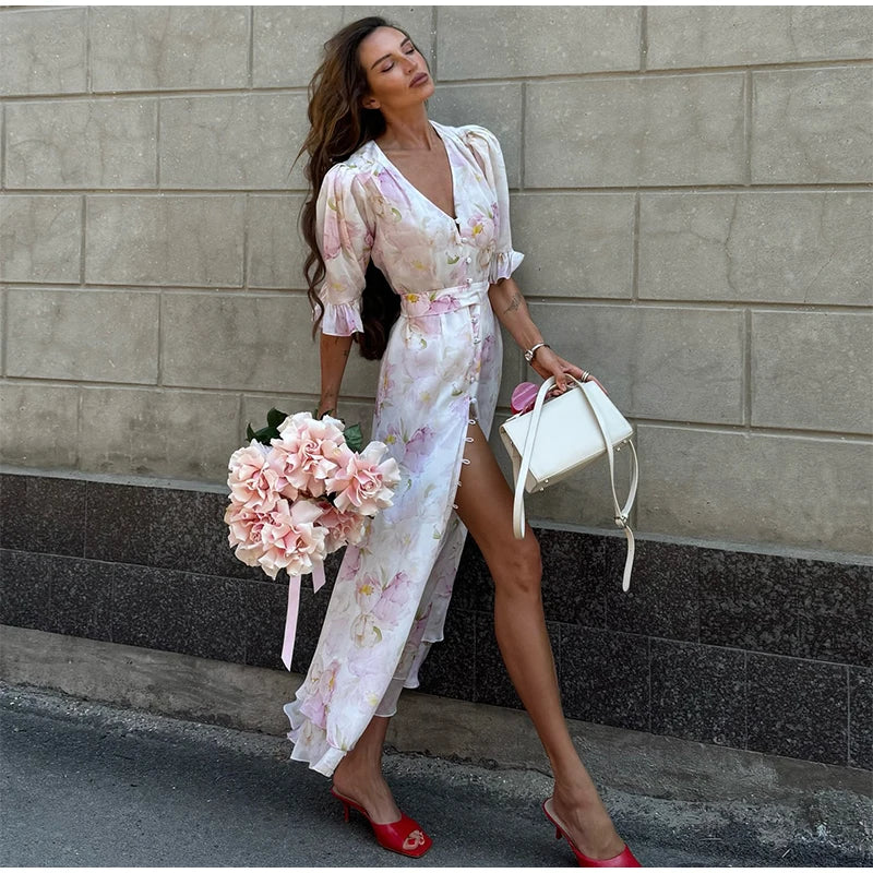 Women's Printed V-Neck Pleated Midi Dress - Half Sleeve Empire Waist Holiday Dress