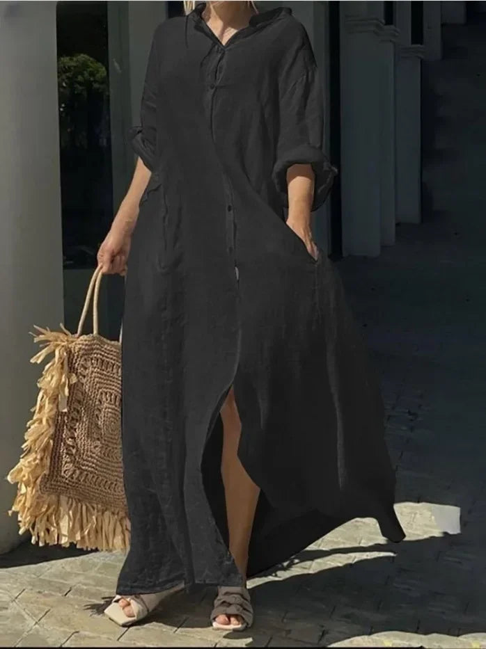 Women's Cotton Linen Maxi Dress - Loose Button Casual Dress