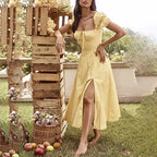 Women's Floral Print Bubble Sleeve Maxi Dress - Square Neck Lace-Up High Waist Split Dress
