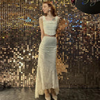 Women's 2-Piece Lace Corset Top and Maxi Skirt Set - Elegant Formal Event Dress