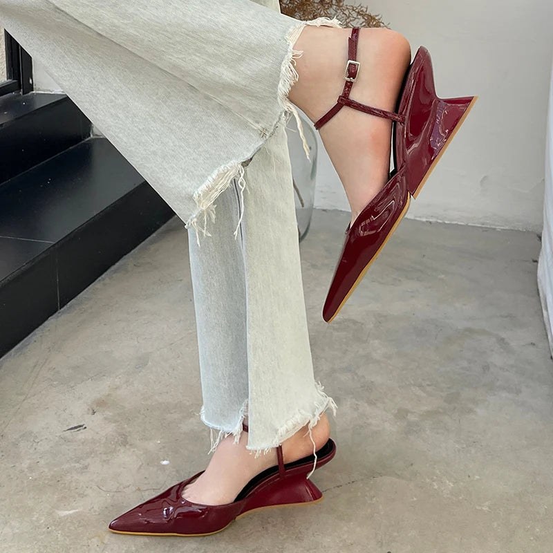 Sculptural Heel Pointed Toe Pumps - Buckle Strap Fashion Heels for Women