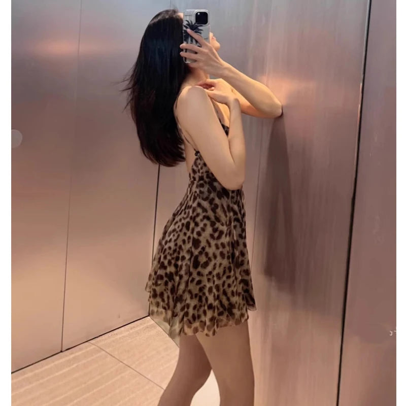 Leopard Print Slip Mini Dress - Backless Spaghetti Strap Party Dress for Women