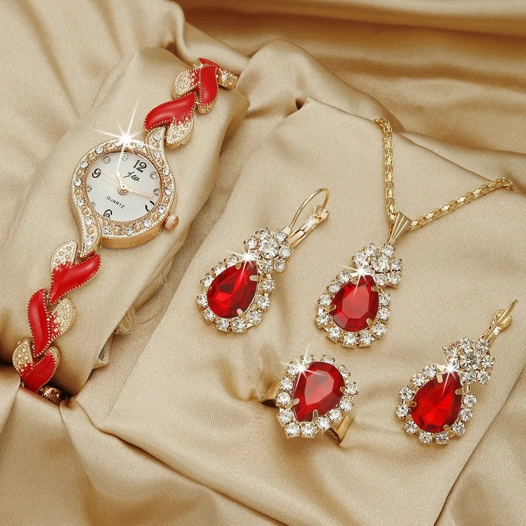 Women's 5-Piece Jewelry Set - Diamond Bracelet Watch & Water Drop Accessories