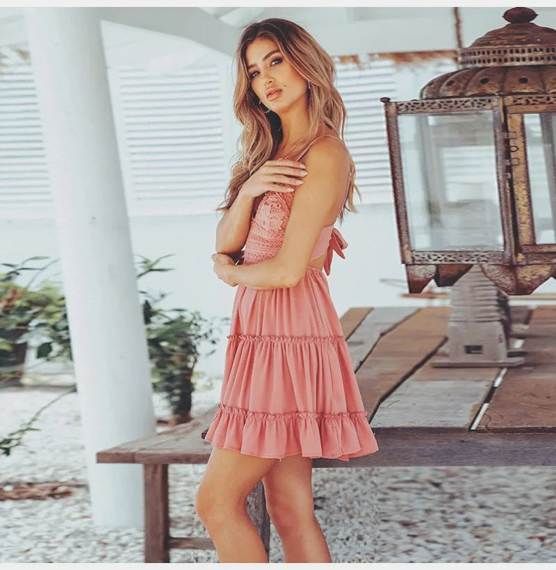 Women's Spaghetti Strap Mini Dress - V-Neck Lace-Up Beach Party Dress