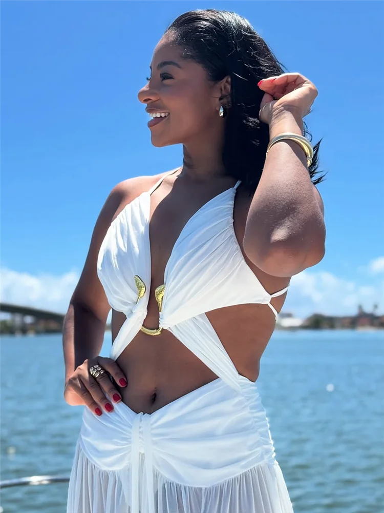 Women's Metal Halter Maxi Dress - Hollow Out Backless Beach Dress