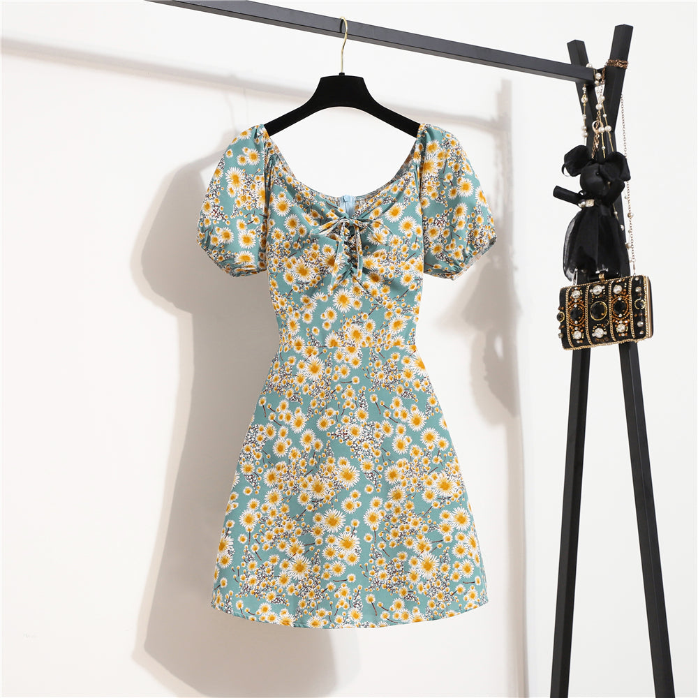 Women's Floral Chiffon Mini Dress - Puff Sleeve V-Neck Casual Dress