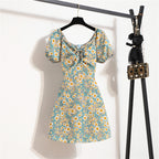 Women's Floral Chiffon Mini Dress - Puff Sleeve V-Neck Casual Dress