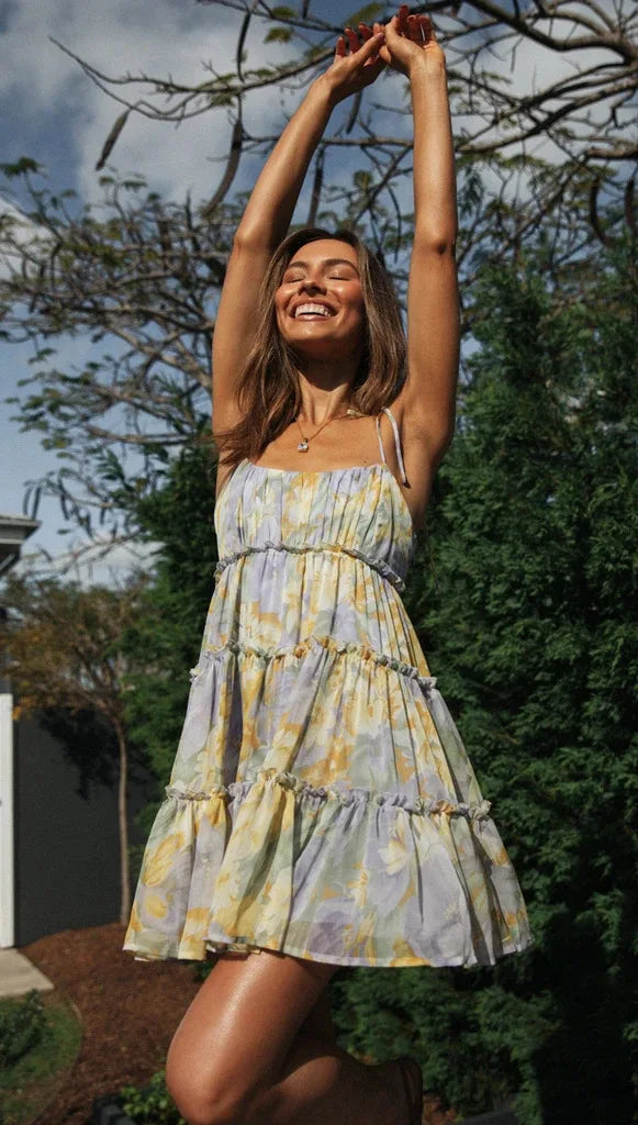 Floral Chiffon Spaghetti Strap Mini Dress - Backless Bow Vacation Dress for Women