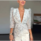 Women's Printed V-Neck Pleated Midi Dress - Half Sleeve Empire Waist Holiday Dress
