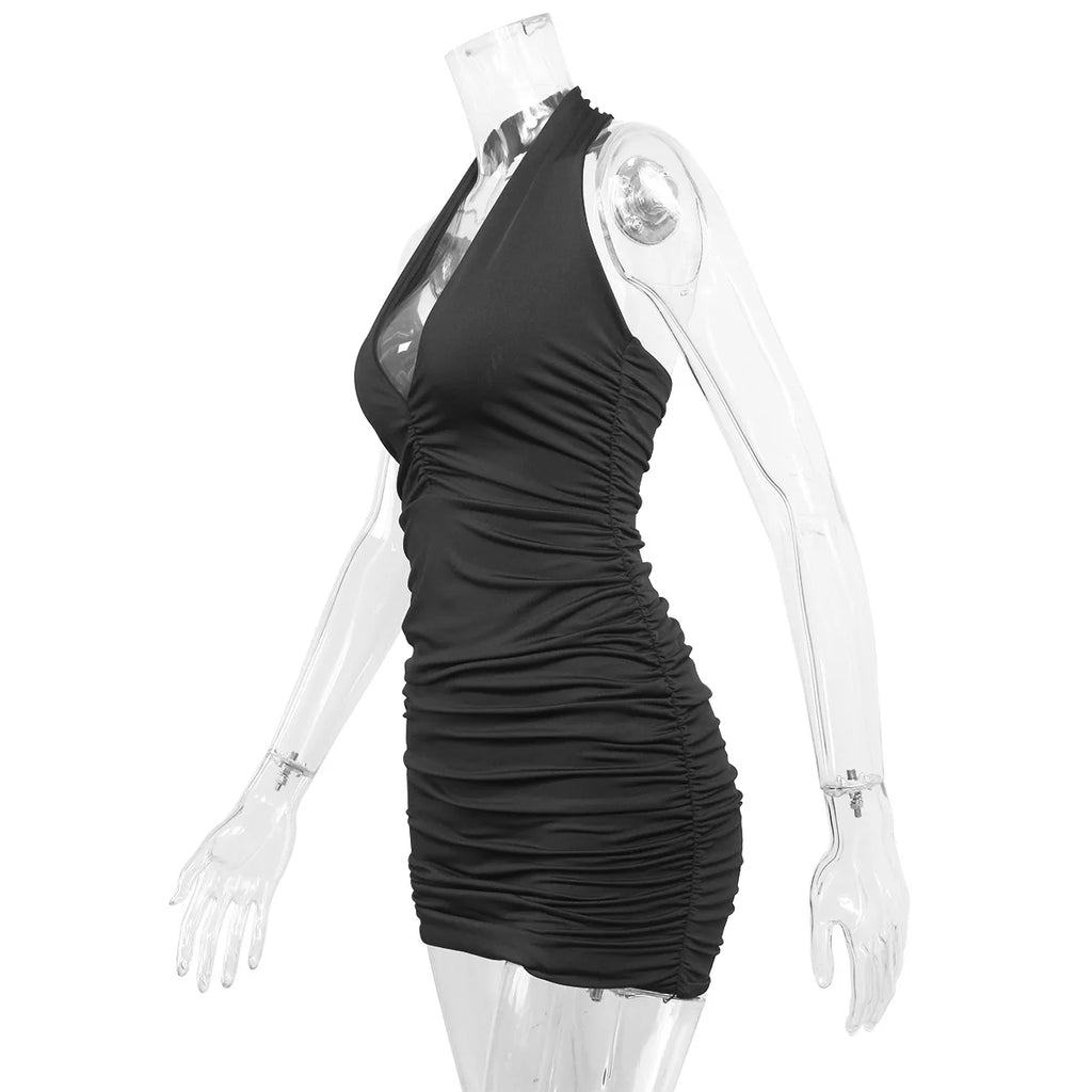 Women's Backless Halter Mini Dress - Deep V Sleeveless Club Dress