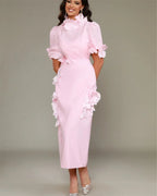 Formal Evening Gown - High Collar Straight Silhouette with Floral Appliques