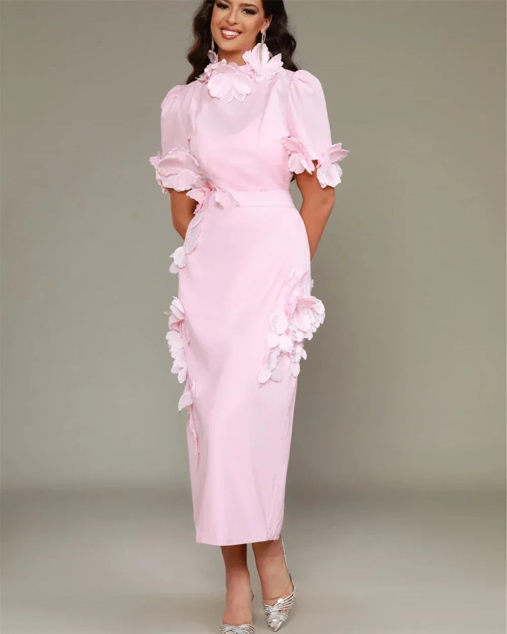 Formal Evening Gown - High Collar Straight Silhouette with Floral Appliques
