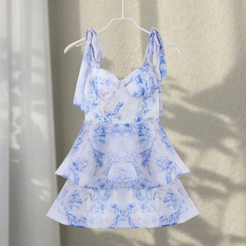 Women's Printed Floral Puffy Mini Dress - Halter Backless Layered Party Dress