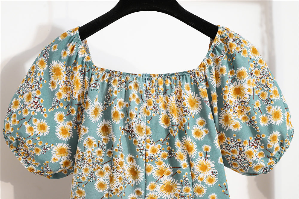 Women's Floral Chiffon Mini Dress - Puff Sleeve V-Neck Casual Dress