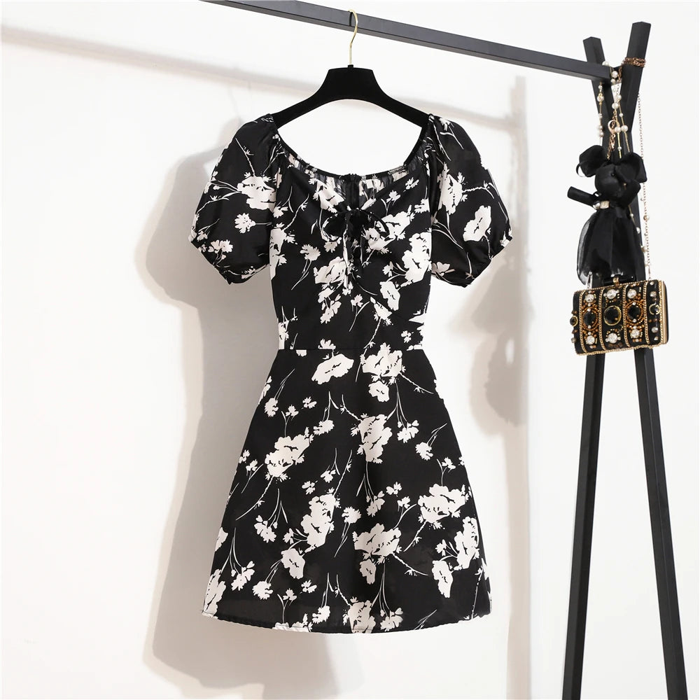 Women's Floral Chiffon Mini Dress - Puff Sleeve V-Neck Casual Dress