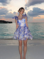Women's Printed Floral Puffy Mini Dress - Halter Backless Layered Party Dress