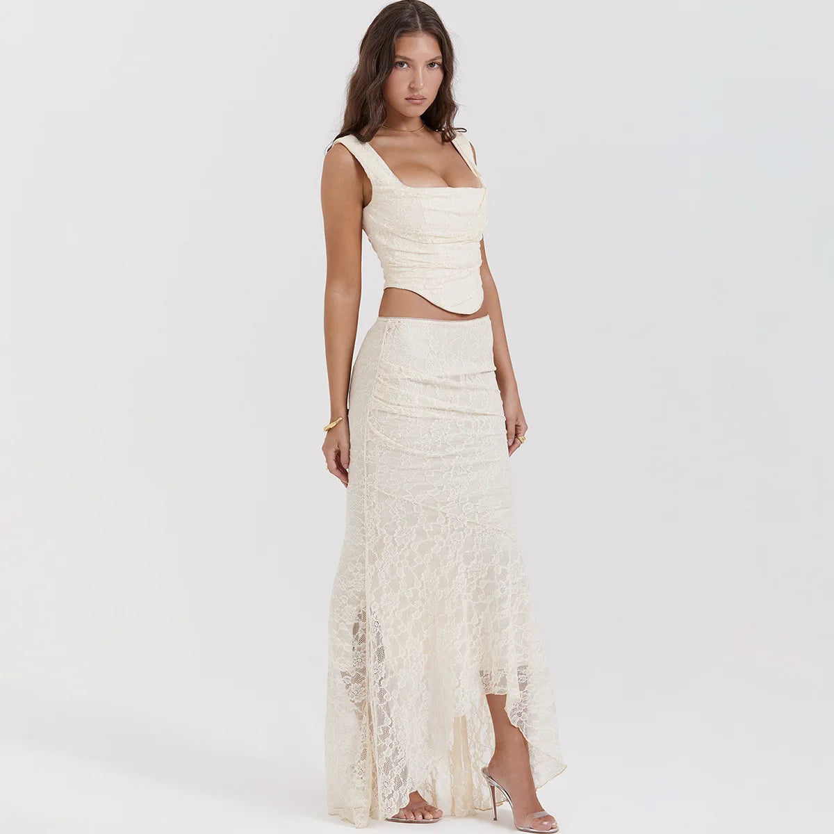 Women's 2-Piece Lace Corset Top and Maxi Skirt Set - Elegant Formal Event Dress