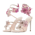 Aneikeh Luxury Designer Pink Flower Rhinestone High Heels Sandals Shoe Sexy Wrap Strap Open Toe Stripper Prom Party Ladies Shoes