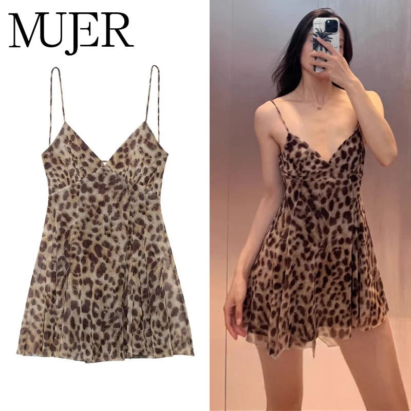 Leopard Print Slip Mini Dress - Backless Spaghetti Strap Party Dress for Women