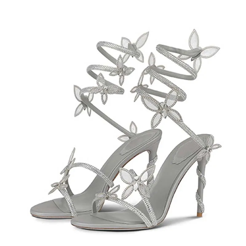 Aneikeh Luxury Designer Pink Flower Rhinestone High Heels Sandals Shoe Sexy Wrap Strap Open Toe Stripper Prom Party Ladies Shoes
