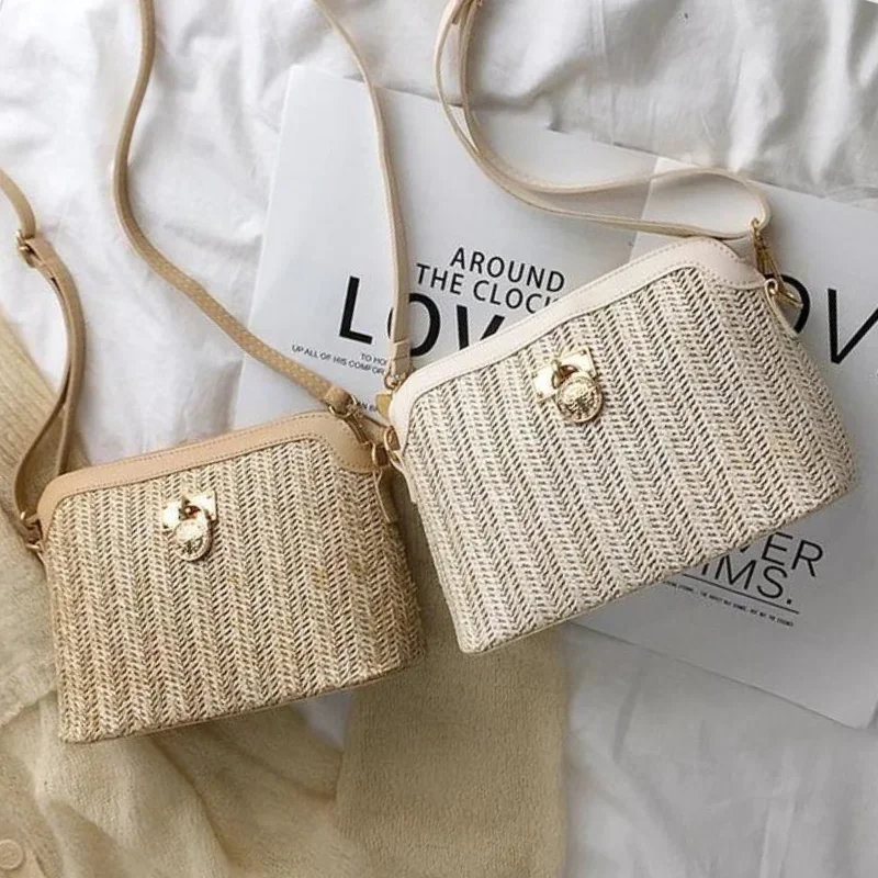 Women's Boho Straw Shell Crossbody Bag - Woven Rattan Beach Shoulder Purse