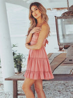 Women's Spaghetti Strap Mini Dress - V-Neck Lace-Up Beach Party Dress