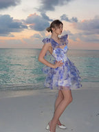 Women's Printed Floral Puffy Mini Dress - Halter Backless Layered Party Dress