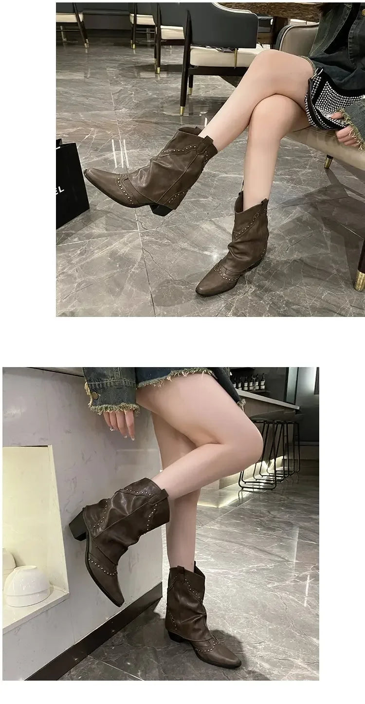 Retro Western Cowboy Boots - Pointed Toe Block Heel Mid-Calf Boots for Women