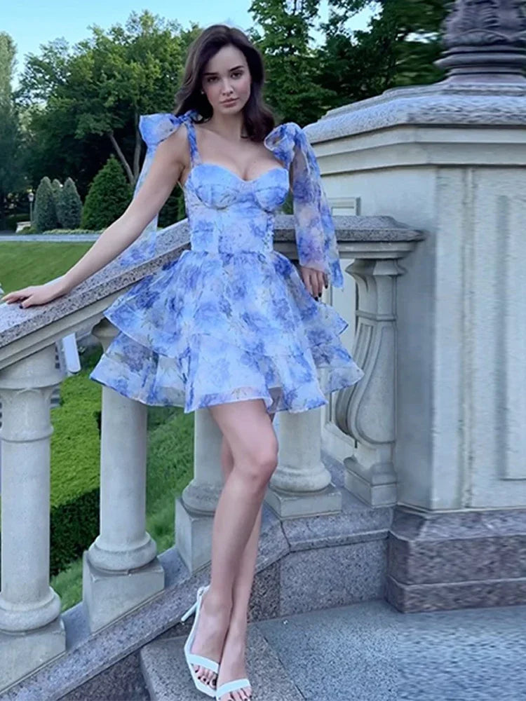 Women's Printed Floral Puffy Mini Dress - Halter Backless Layered Party Dress