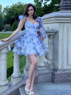 Women's Printed Floral Puffy Mini Dress - Halter Backless Layered Party Dress