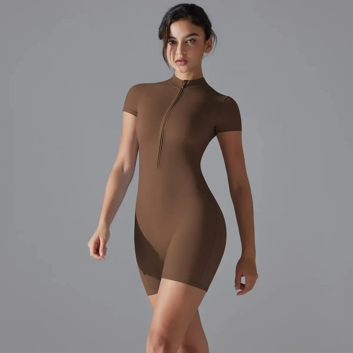 Yoga suit women's jumpsuit summer zipper short sleeved shorts yoga jumpsuit women's dance fitness tight fitting sports jumpsuit