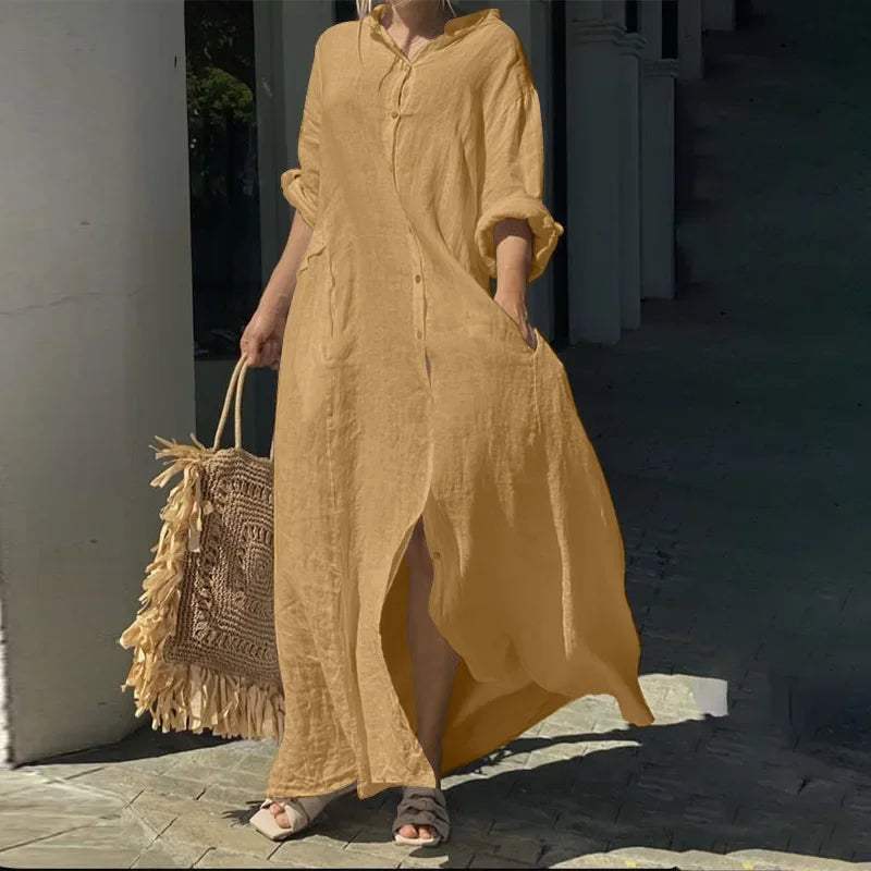 Women's Cotton Linen Maxi Dress - Loose Button Casual Dress