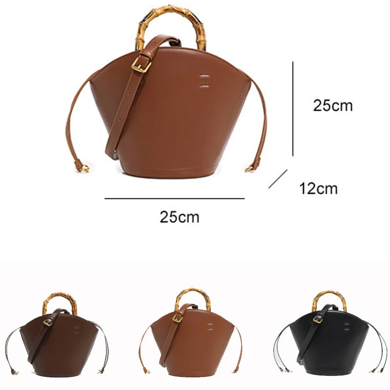 Women's Genuine Leather Tote Bag - Round Wooden Handles Minimalist Shoulder Bag