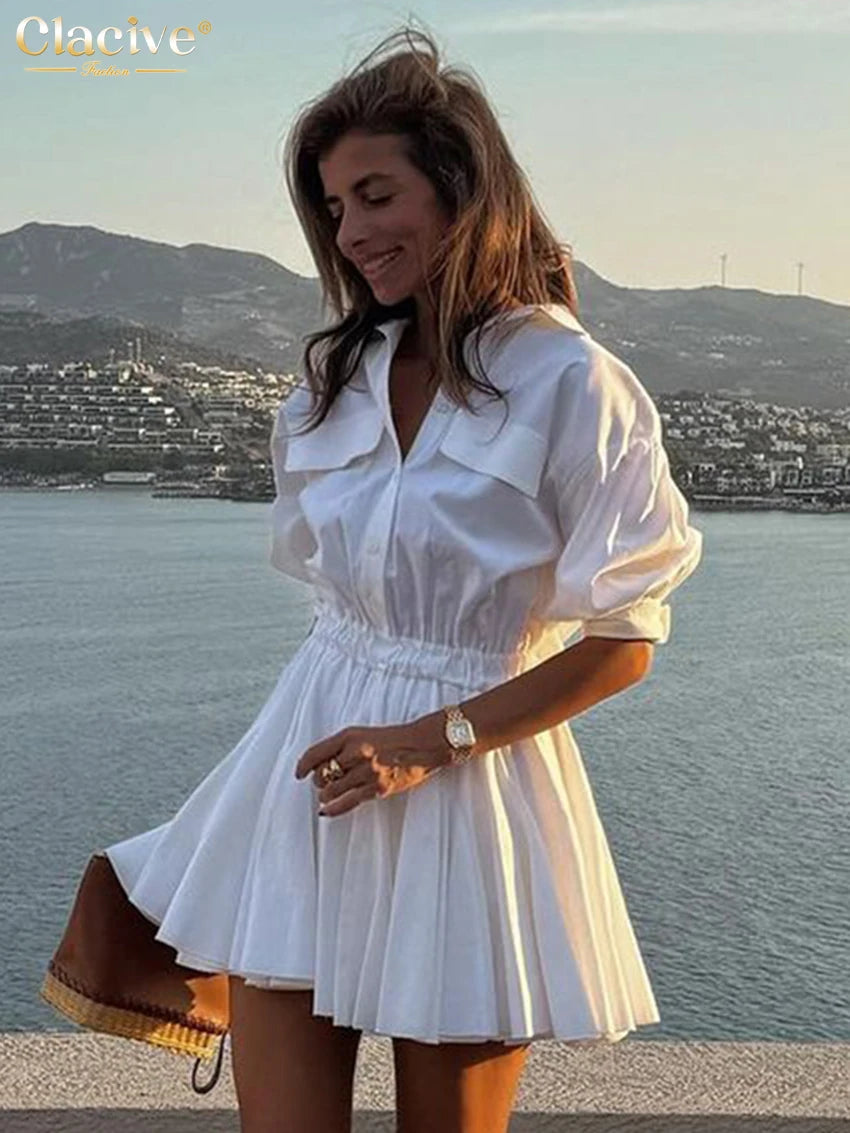 White Cotton Lapel Mini Dress - Long Sleeve Pleated A-Line Dress for Women