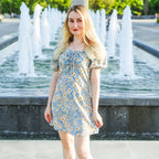 Women's Floral Chiffon Mini Dress - Puff Sleeve V-Neck Casual Dress