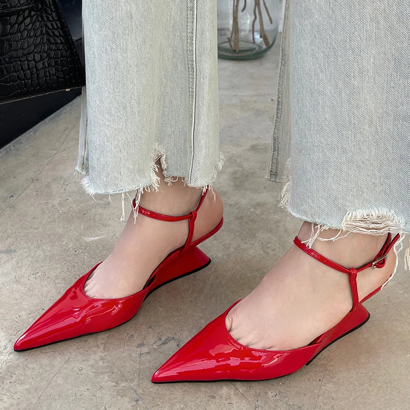 Sculptural Heel Pointed Toe Pumps - Buckle Strap Fashion Heels for Women