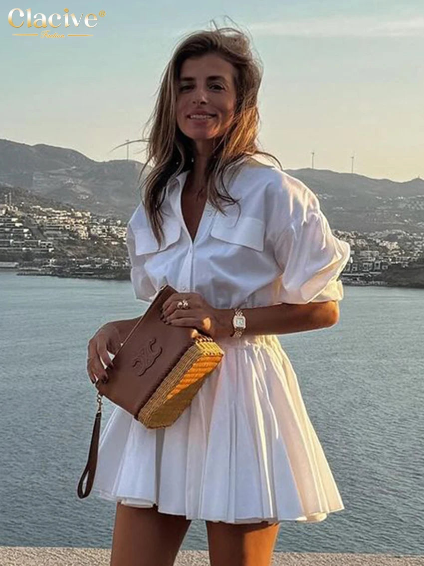 White Cotton Lapel Mini Dress - Long Sleeve Pleated A-Line Dress for Women
