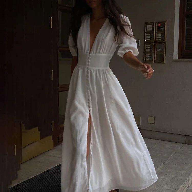 Women's Boho Maxi Dress - Deep V-Neck Flying Sleeve High Waist Split Dress