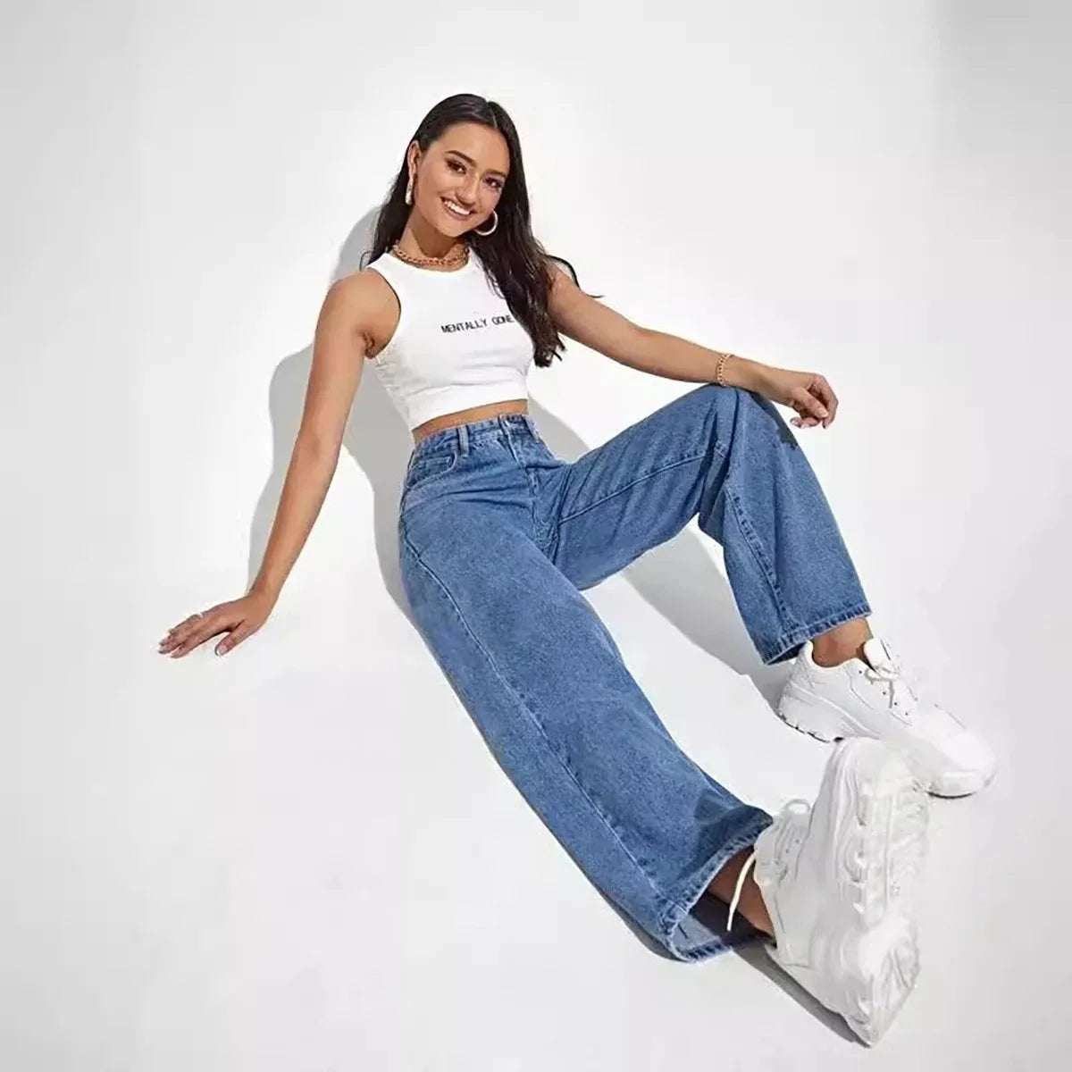 Y2K High Waist Straight Jeans - Retro Baggy Denim Pants for Women