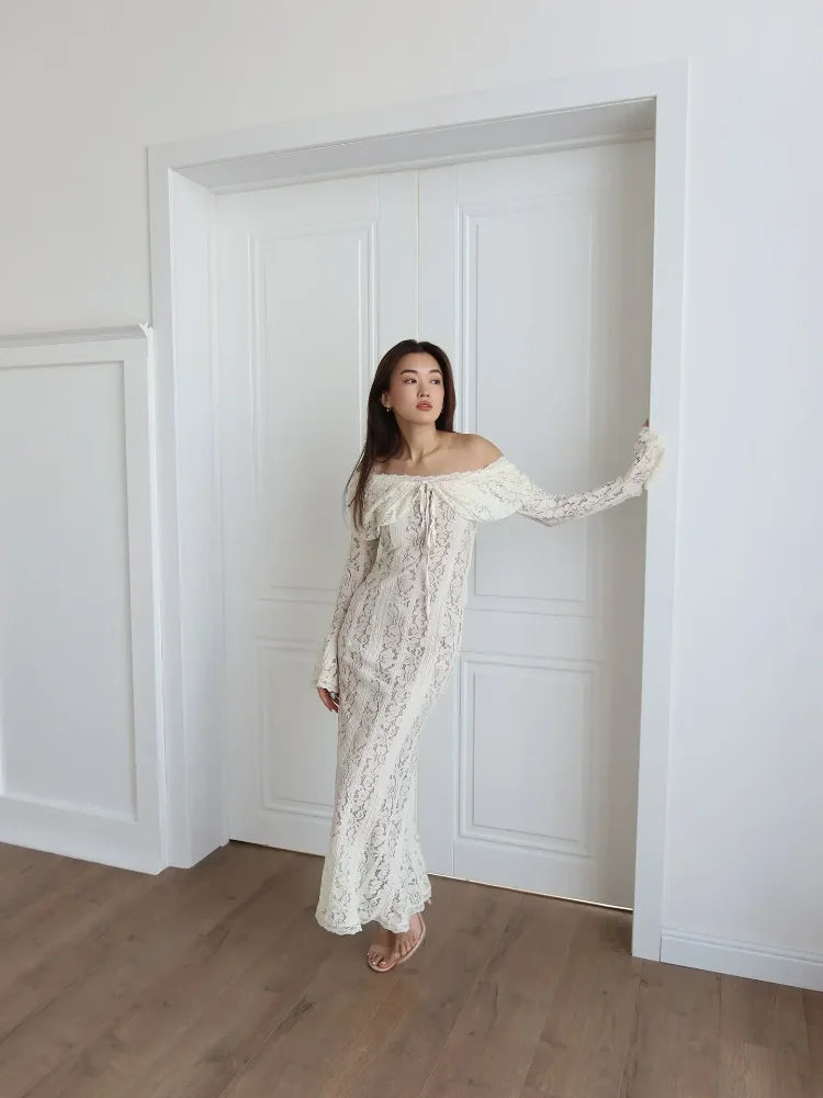 Women's Lace Flare Sleeve Mermaid Dress - Off Shoulder Elegant Floor-Length Gown