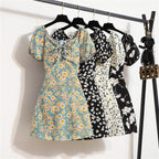Women's Floral Chiffon Mini Dress - Puff Sleeve V-Neck Casual Dress
