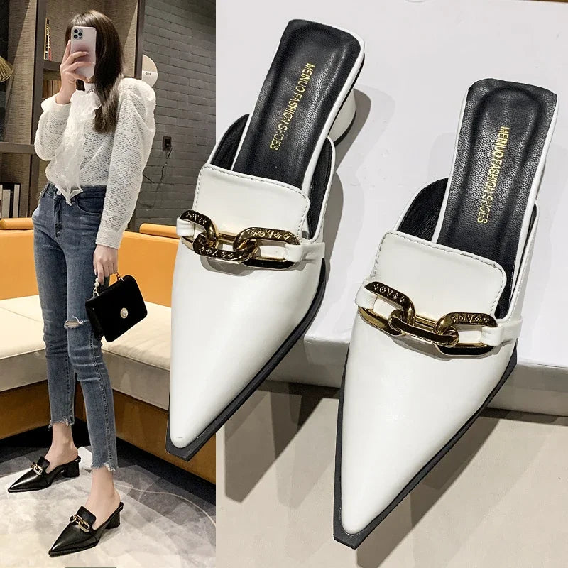 Block Heel Mules - Closed Toe Slip-On Loafers for Women