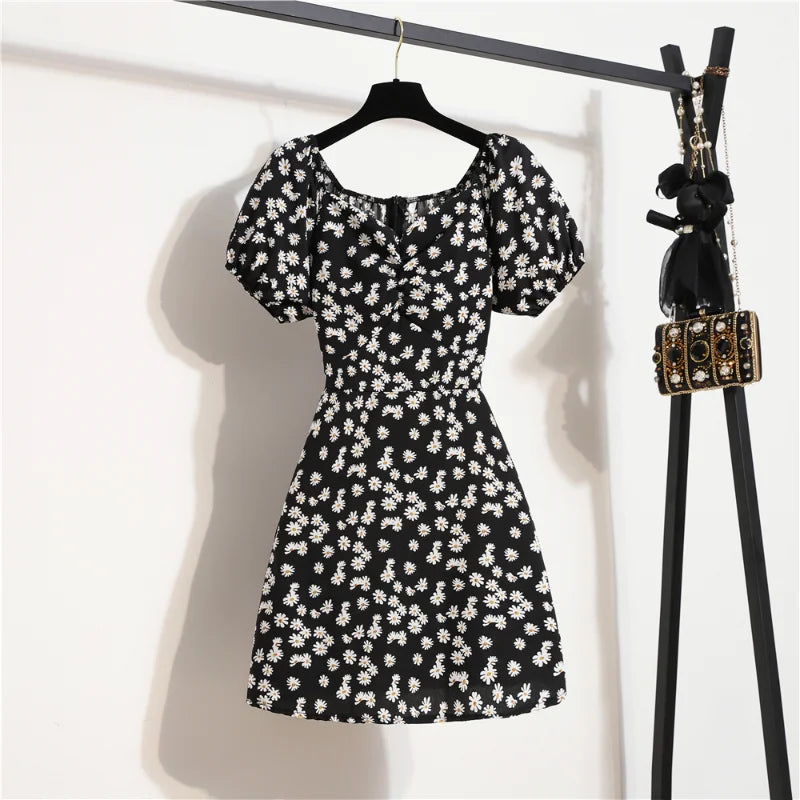 Women's Floral Chiffon Mini Dress - Puff Sleeve V-Neck Casual Dress
