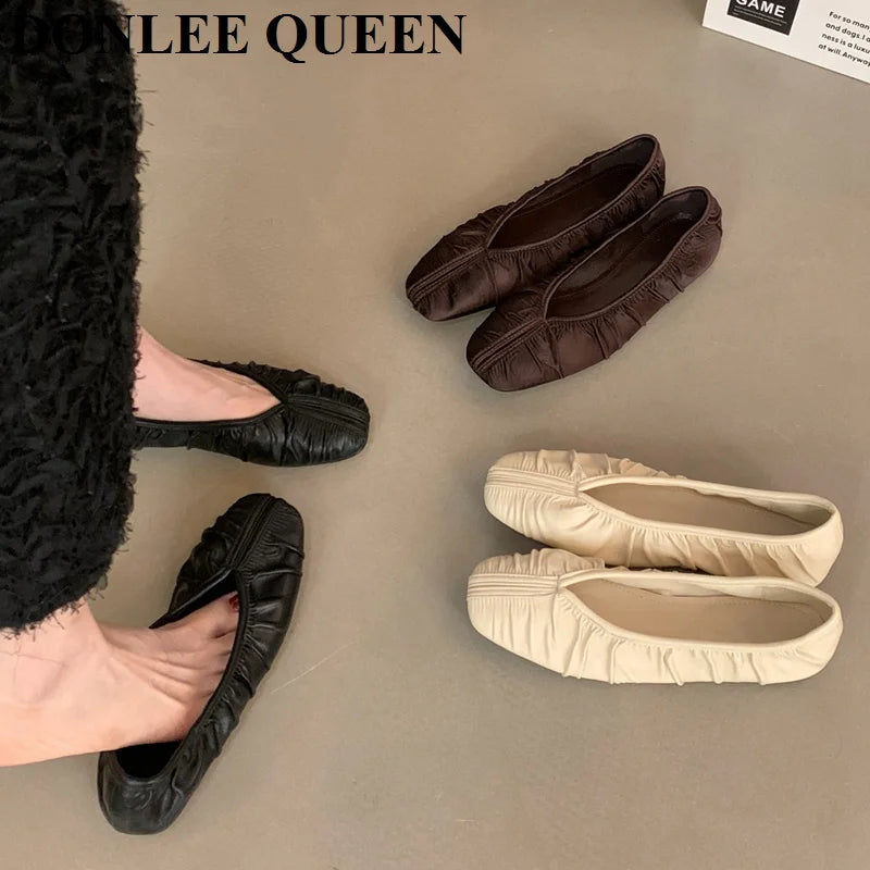 Pleated Square Toe Loafers - Soft Ballerina Flats for Women